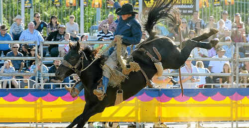 Lucas Wilson shows his style on a bucking bronc and will contest the APRA National Finals Rodeo next week.